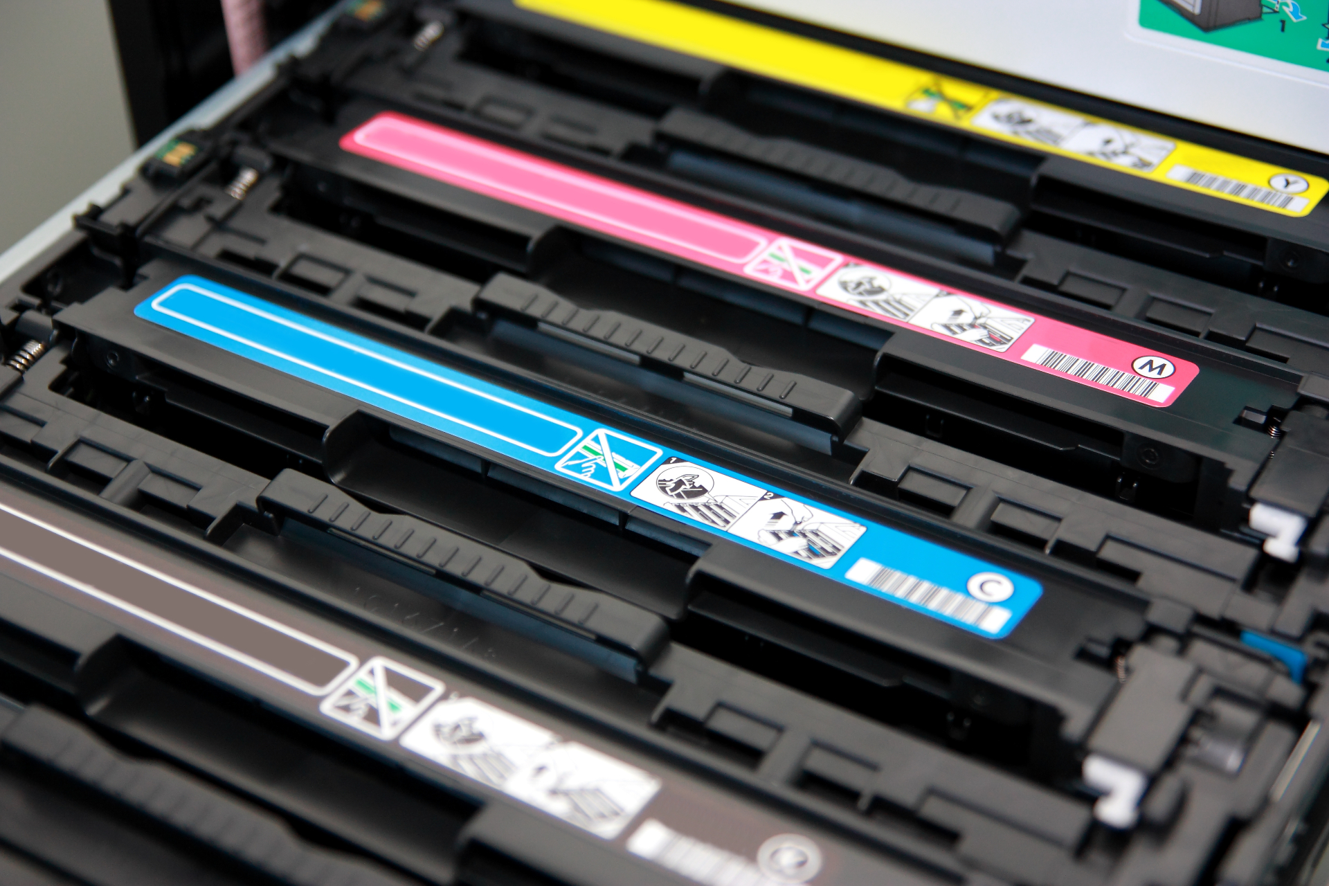 HP CMYK toner cartridges installed during a copier service call